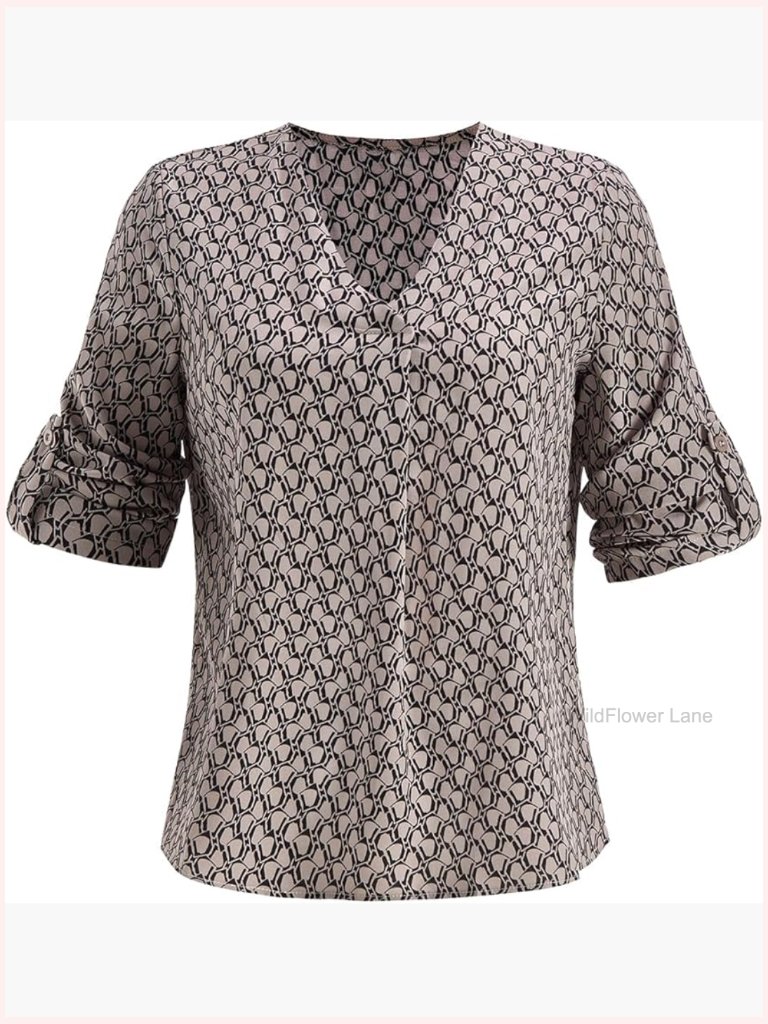 3/4 Sleeve V Neck Blouse Geo Print Dressy Casual Work Office Tops